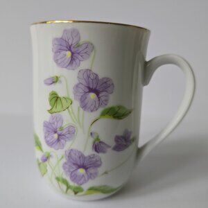 Otagiri Japan Fine Porcelain Mug With Purple Pansy Floral Design & Gold Rim
